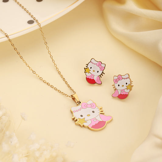 Pink Kitty Jewelry Set for Kids - 18k Gold Plated