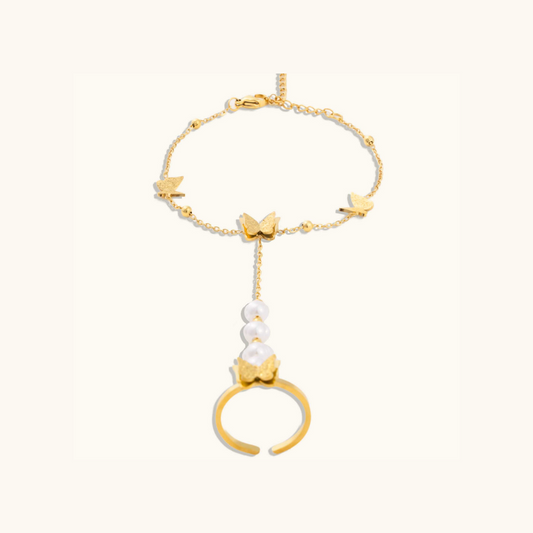 Quattro Butterfly Pearl Ring Bracelet Anklet (2 in 1) - 18K Gold Plated