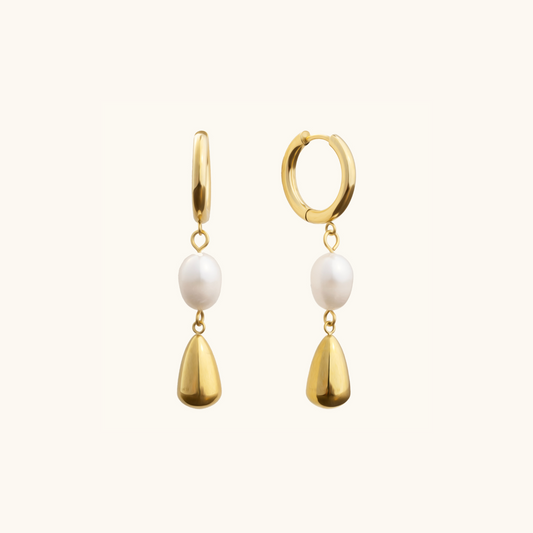 Pearl Drop Hoop Earrings - 18K Gold Plated