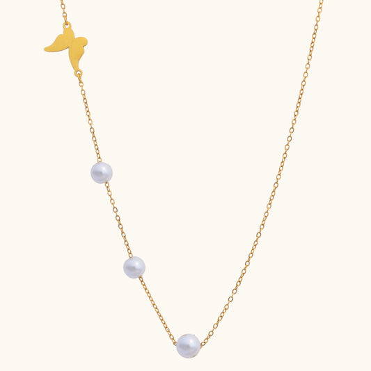 Pearl Ball Drop Butterfly Necklace - 18K Gold Plated