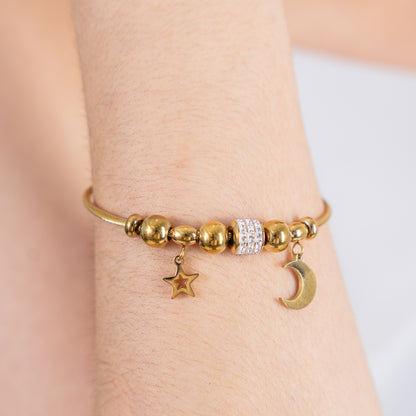 Moon Star Charms Magnetic Bracelet Bangle - 18K Gold Plated