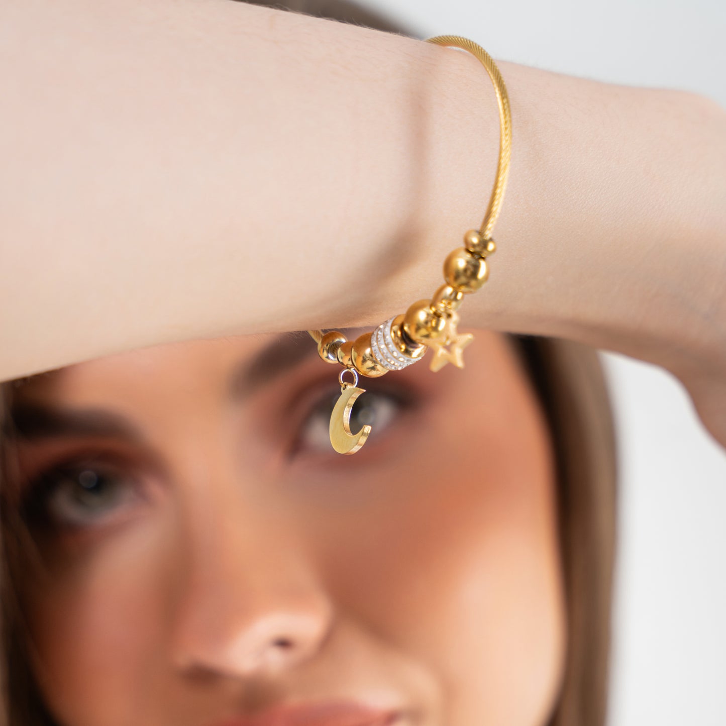 Moon Star Charms Magnetic Bracelet Bangle - 18K Gold Plated