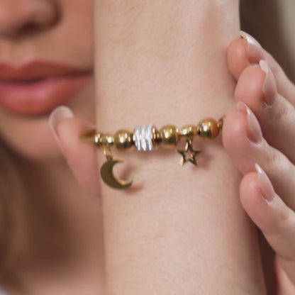 Moon Star Charms Magnetic Bracelet Bangle - 18K Gold Plated